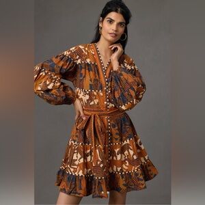 Farm Rio Long-Sleeve V-Neck Printed Mini Dress